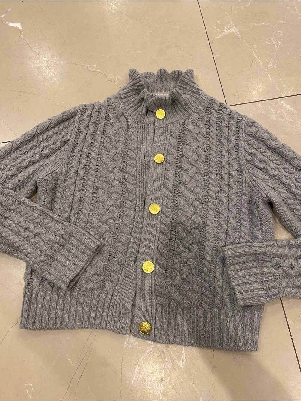 J. Crew Gray Cable-Knit Ruffle Collar Cardigan with Gold Buttons